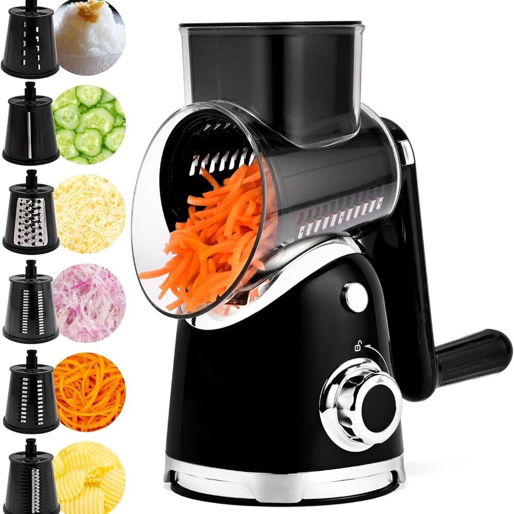 Rotary Cheese Grater w/Handle &6 Blades, Round Slicer & Vegetable Grater
